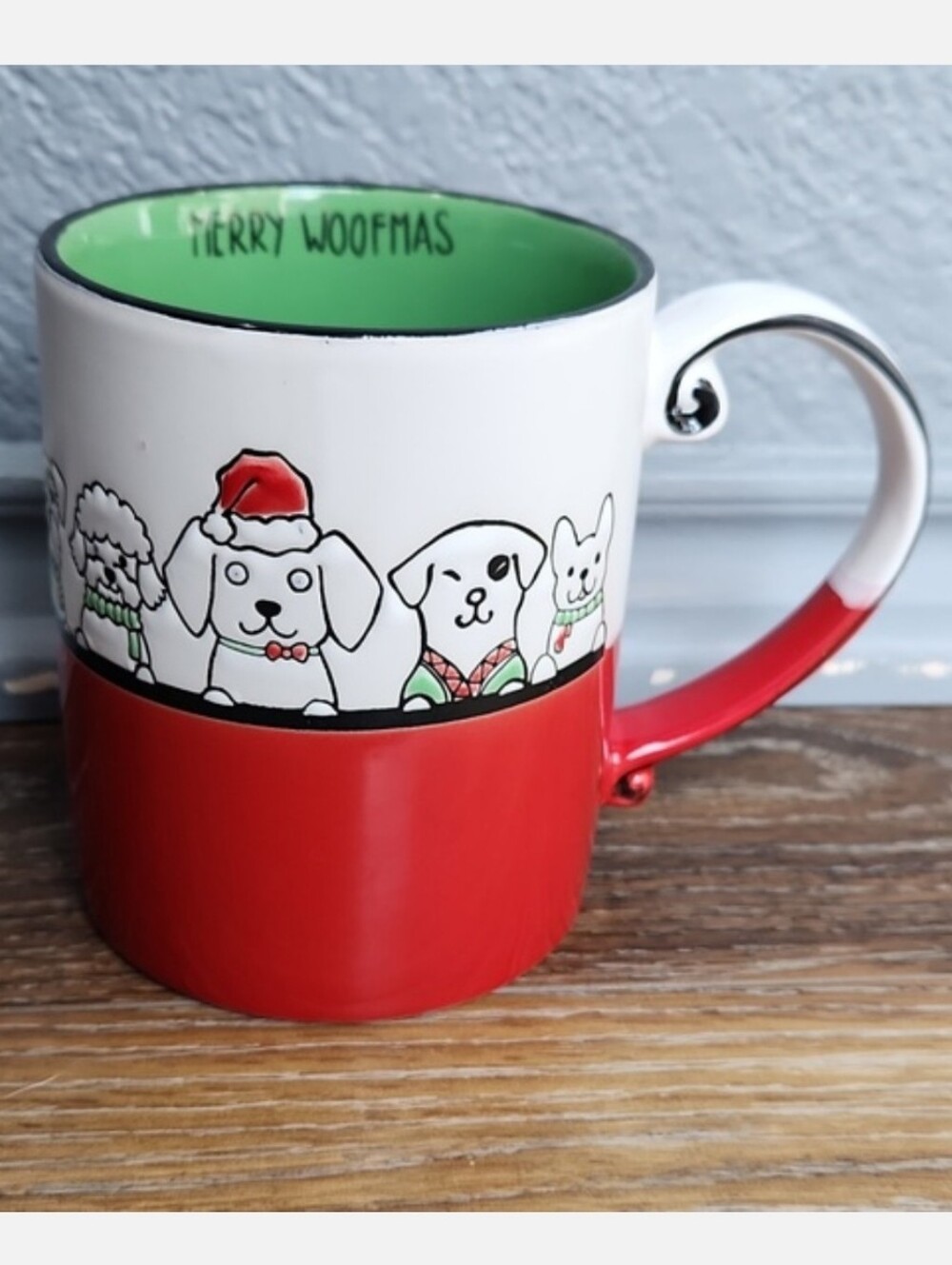 Dogs Santa Hat Christmas Stoneware Mug Red Green White